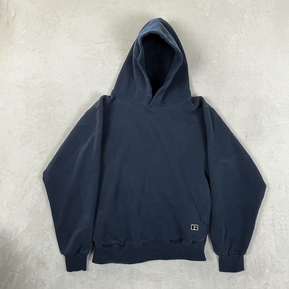 Vintage Russell Athletic Hoodie Mens Medium Blue Fleece Pullover Blank Logo 90s